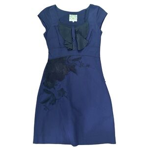 Anthropologie Floreat Navy Blue and Black Floral Embroidered Bow Sheath Dress